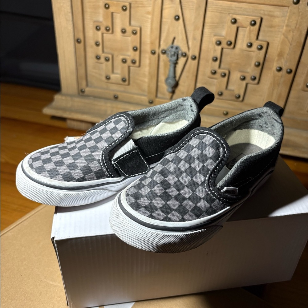 Vans Kids Old Skool Canvas Checkered Slip-On- Black and Gray